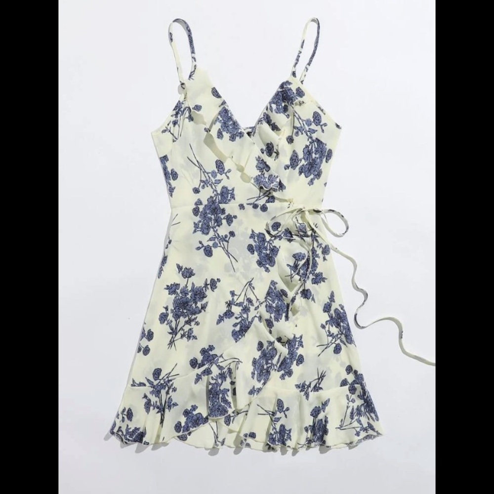 SHEIN ruffle trim wrap tie floral slip dress - M